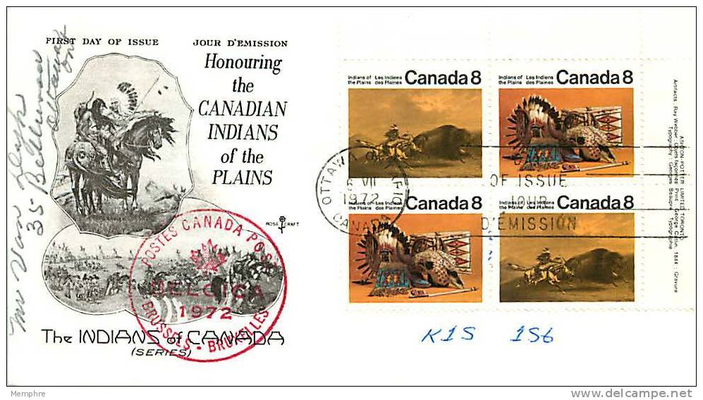 1972  Indians Of The Plains Sc 562-3 UR Plate Block  RoseCraft Cachet Canada Post Belgica 1972 Handstamp - 1961-1970