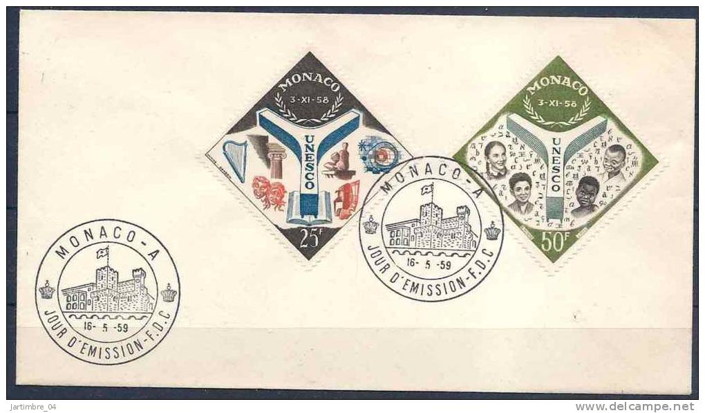 1959 MONACO 511-12 FDC Unesco, Alphabet - Covers & Documents