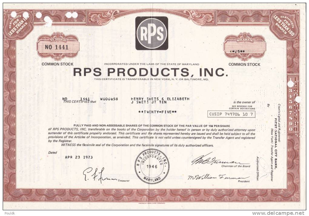 Bonds/Shares:1973 RPS Products,INC., Value: Shares 25 (A 330a) - Industry