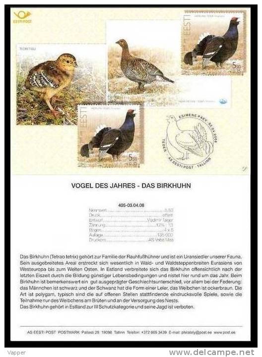 Bird Of The Year - Black Grouse 2008 Estonia Stamp Presentation Card (in Germany) Mi 614 - Autres & Non Classés