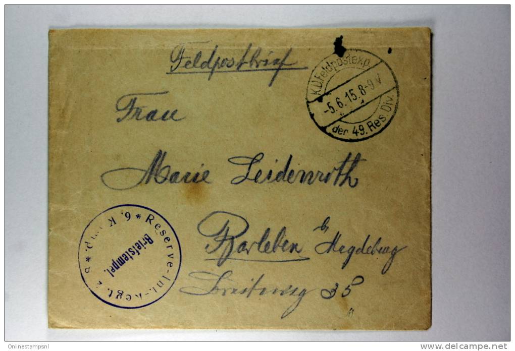 Germany: Cover Feldppostbrief KD Feldpostexp. Der 49. Res. Div., To Magdeburg - Briefe U. Dokumente