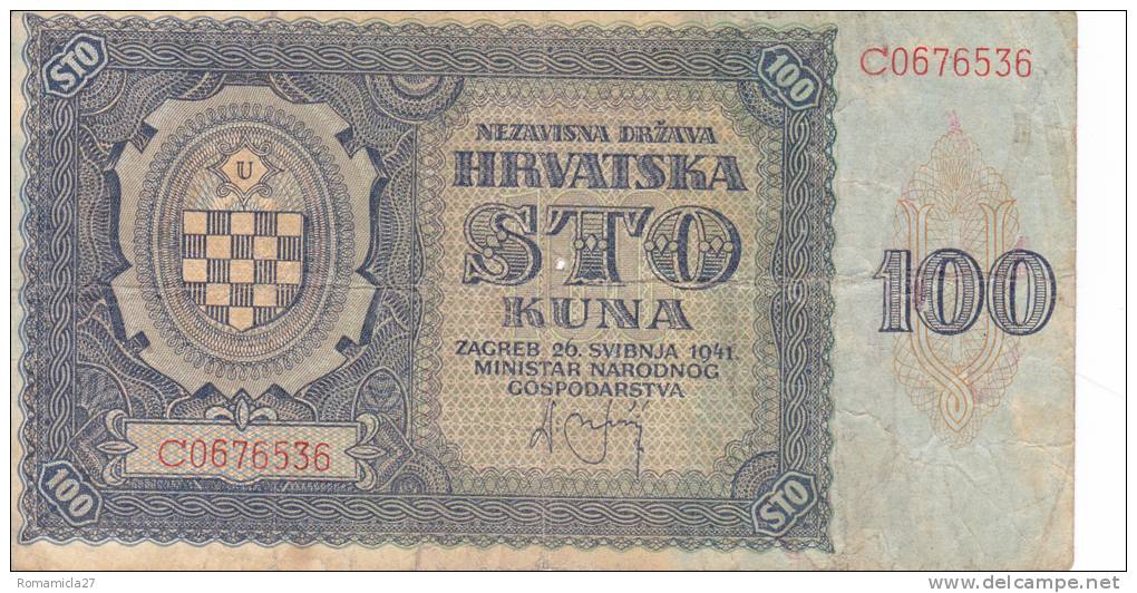 Croatie Billet 100 Kuna N°2 Année 1941 VF - Croatia