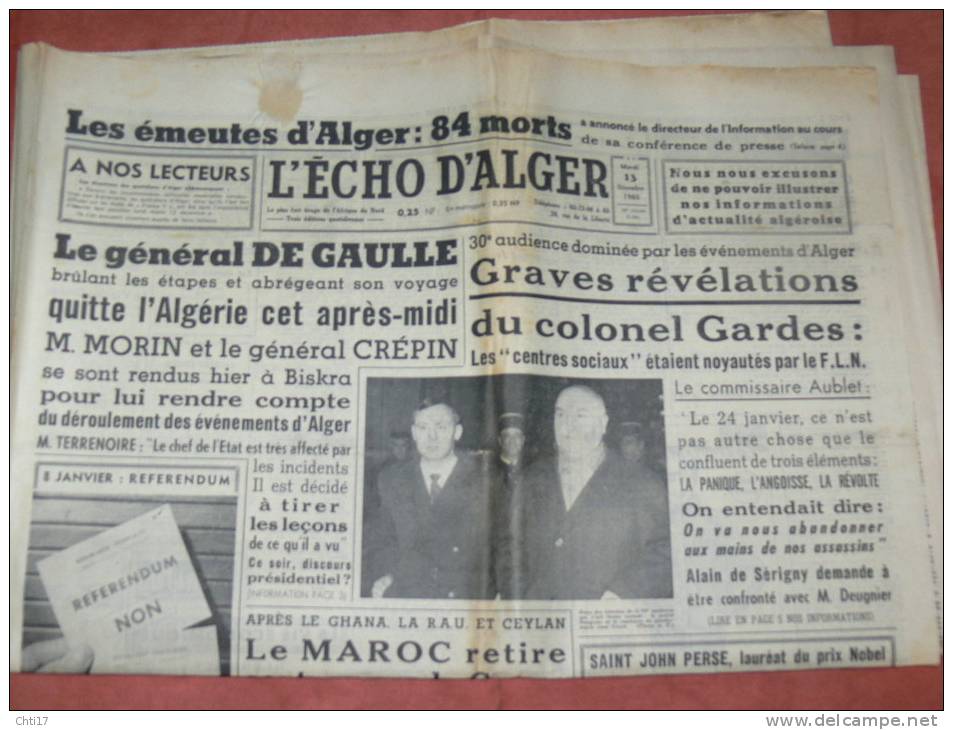 JOURNAL" ECHO D ALGER "  13 DECEMBRE  1960 GUERRE D ALGERIE ORAN GERYVILLE TLEMCEN TIABET SIDI BEL ABBES MOSTAGANEM - 1950 à Nos Jours