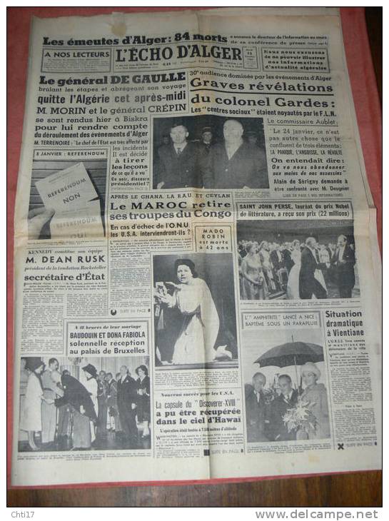 JOURNAL" ECHO D ALGER "  13 DECEMBRE  1960 GUERRE D ALGERIE ORAN GERYVILLE TLEMCEN TIABET SIDI BEL ABBES MOSTAGANEM - 1950 à Nos Jours