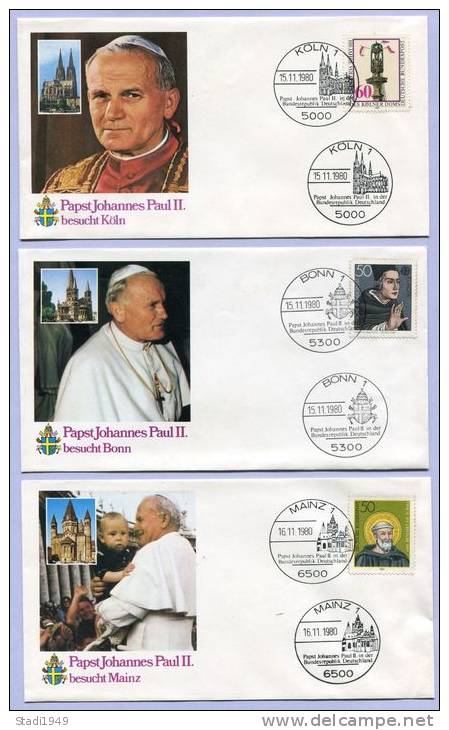 Sonderpoststempel Papst Johannes Paul II In Deutschland Köln Bonn Mainz Osnabrück Fulda Altötting München 1980  (878) - Päpste