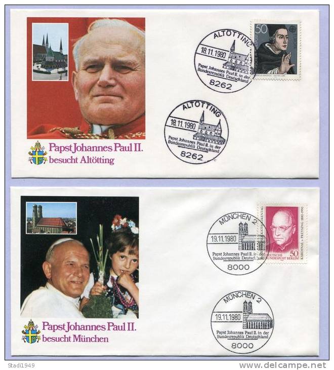 Sonderpoststempel Papst Johannes Paul II In Deutschland Köln Bonn Mainz Osnabrück Fulda Altötting München 1980  (878) - Päpste