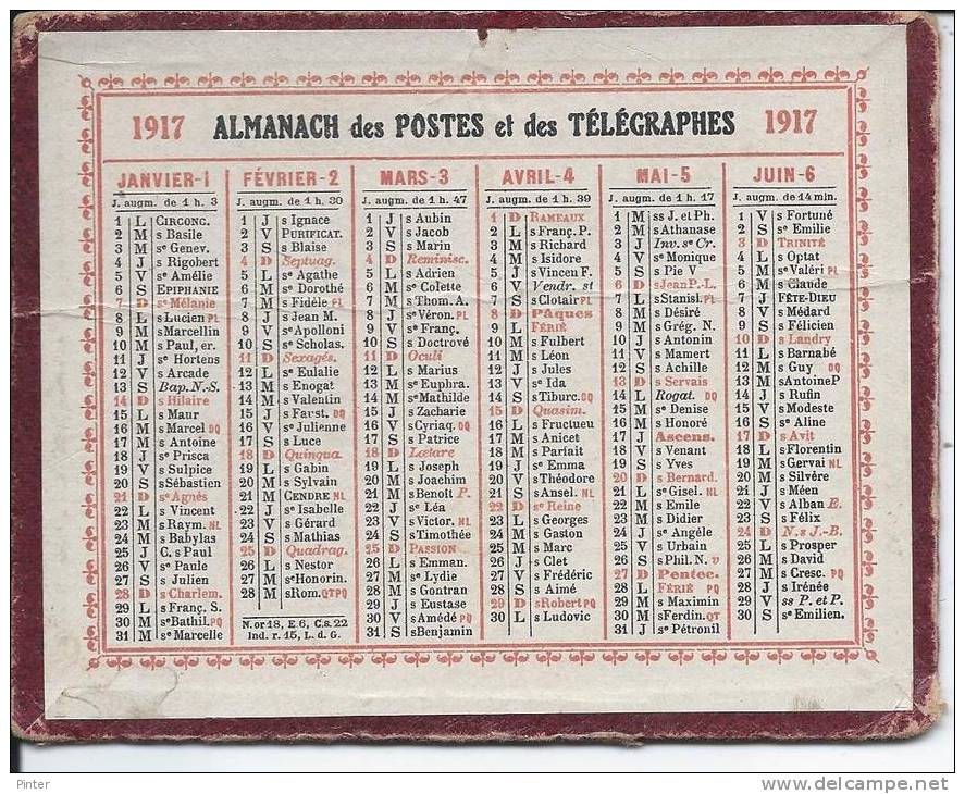 ALMANACH DES POSTES ET DES TELEGRAPHES - CALENDRIER 1917 - Autres & Non Classés