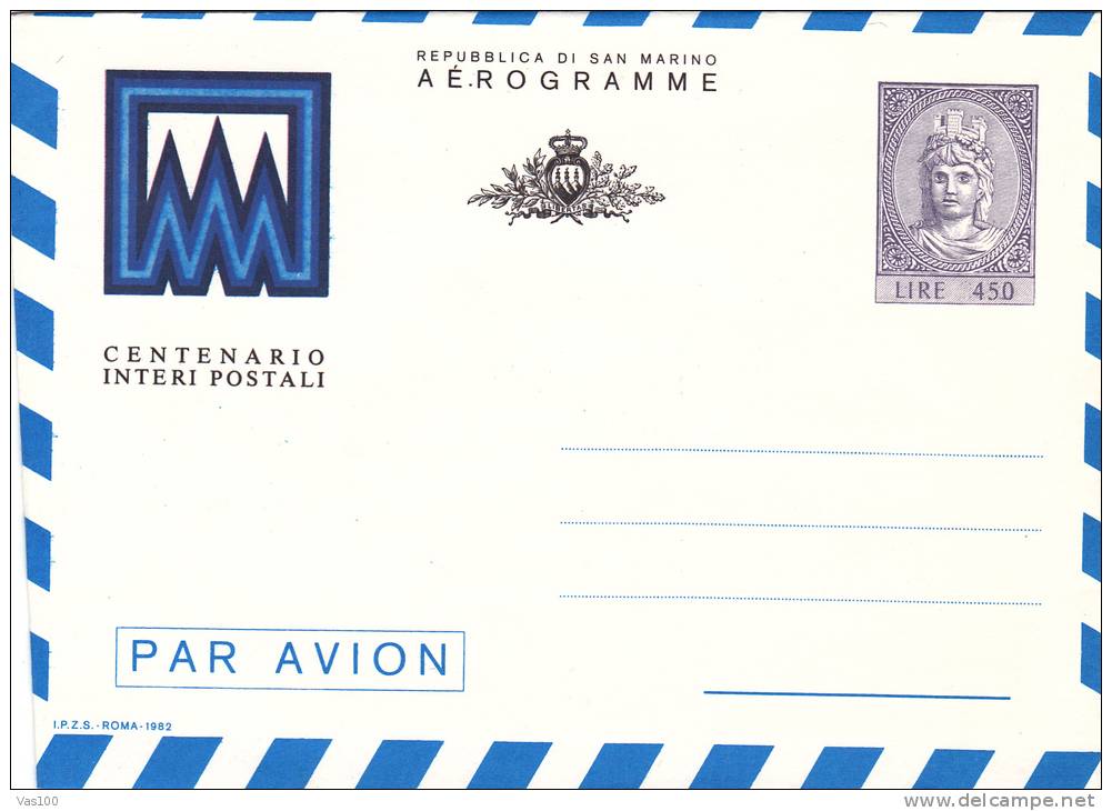 AEROGRAMME CENTENARIO I. P.  1982 UNUSED COVER STATIONERY SAN MARINO. - Entiers Postaux