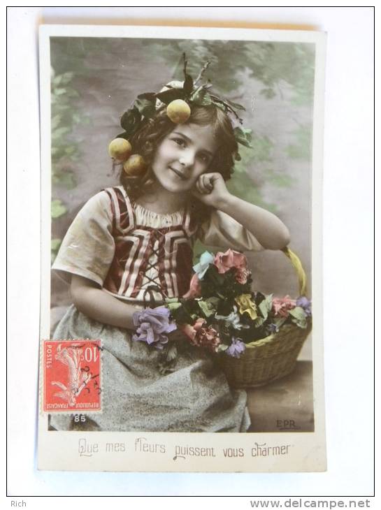 CPA Fantaisie - 4 Cartes Enfant - Fillette - Garçon (fleurs, Poissons, Couronne Cheveux) - Verzamelingen & Reeksen