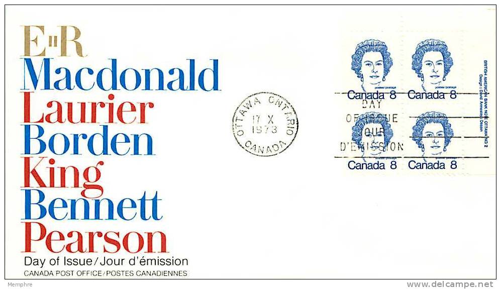 1973  Low-value Definitives Caricature 8&cent; Queen Elizabeth  Sc 5593 UR Plate Block Officiaal FDC - 1971-1980