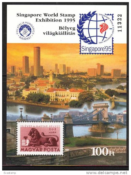 HUNGARY-1995.Commemorativ Sheet - Singapore, World Stamp Exhibition/Chain Bridge  With Black Numbered MNH!! - Hojas Conmemorativas