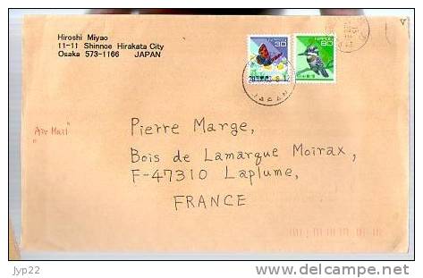 Lettre Cover Japon Japan Nippon Air Mail Osaka Pour La France - CAD Hirakata 29-09-2003 / 2 Tp Oiseau & Papillon - Storia Postale