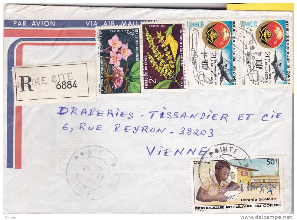 MARCOPHILIE, CONGO,1981, RECOMMANDE POINTE NOIRE, Affranchissement Composé Pour La FRANCE Asecna Fleur Scolarité/3772 - Oblitérés