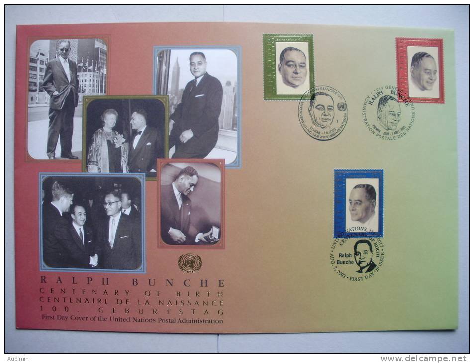 UNO TRIO-FDC (81), Ralph Bunche 2003 Auf Genfer-Cachet - New York/Geneva/Vienna Joint Issues