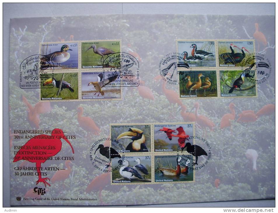 UNO TRIO-FDC (79), Gefährdete Arten Vögel 2003 Auf Genfer-Cachet - Emisiones Comunes New York/Ginebra/Vienna