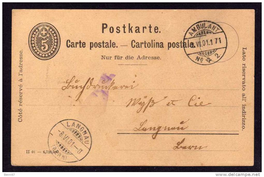 SUISSE SCHWEIZ Entier Postal AMBULANT 1901 Pour Langnau - Spoorwegen