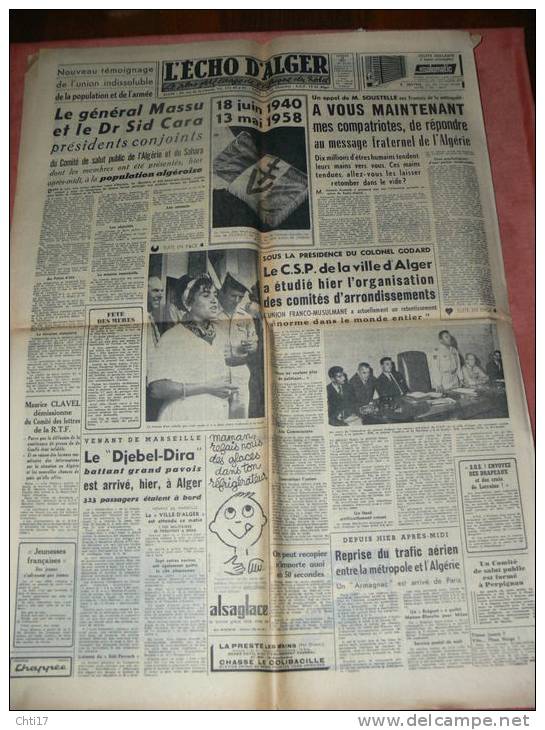 " ECHO D ALGER "  24 MAI  1958  COUP D ETAT  SALAN MASSU JOUHAUD CONSTANTINE SIDI BEL ABBES MOSTAGANEM - 1950 - Heute