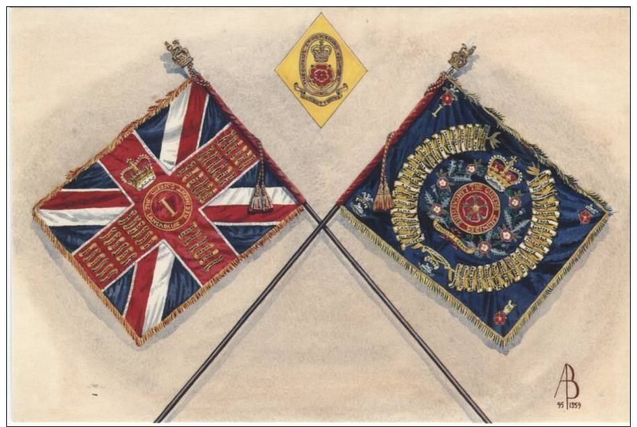 Alix Baker Postcard - AB24/5 Queens Colour, Regimental Colour &amp; Soldier's Cap Badge, 1st Battalion, Queens Lancashir - Uniforms