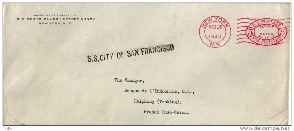 USA S/S CITY OF SAN FRANCISCO Poste Maritime Affranchissement Mécanique Pour INDO CHINE - Briefe U. Dokumente