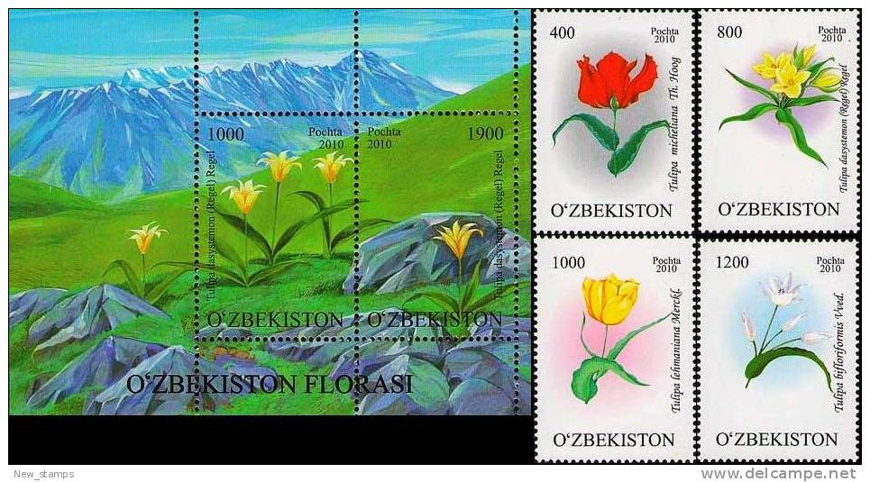 Uzbekistan 2010 Flowers Tulips 4v + Block MNH - Uzbekistan