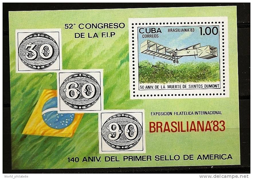 Cuba 1983 N° BF 77 ** Avion, Aviation, Brasiliana´83, Exposition Philatelique, Santos-Dumont, Avion 14 Bis, Drapeau - Neufs