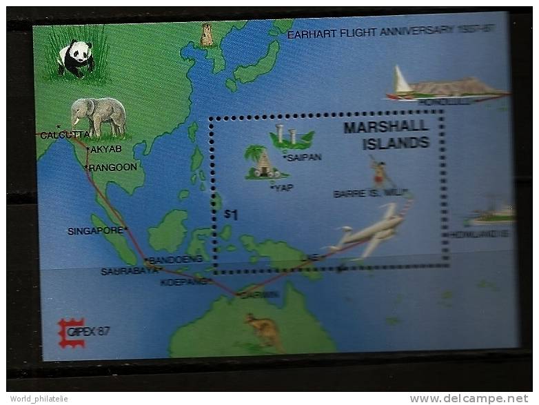 Marshall 1987 N° BF 3 ** Avion, Aviation, Vol Circumterrestre, Amélia Earhart, Elephant, Panda, Kangourou, Pecheur - Islas Marshall