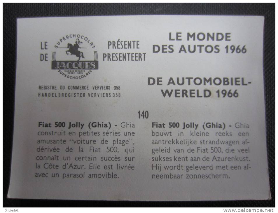 CHROMO (M33) LE MONDE DES AUTOS 1966 (2 Vues) N°140 Fiat 500 Jolly (Ghia) Chocolat Jacques - Jacques