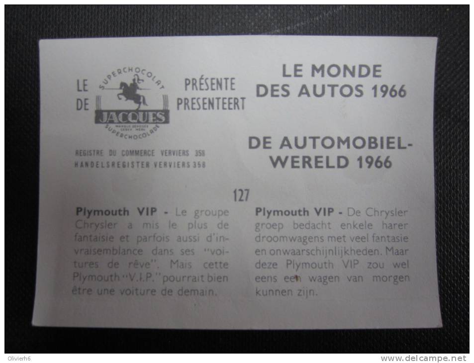 CHROMO (M33) LE MONDE DES AUTOS 1966 (2 Vues) N°127 Plymouth VIP Chocolat Jacques - Jacques