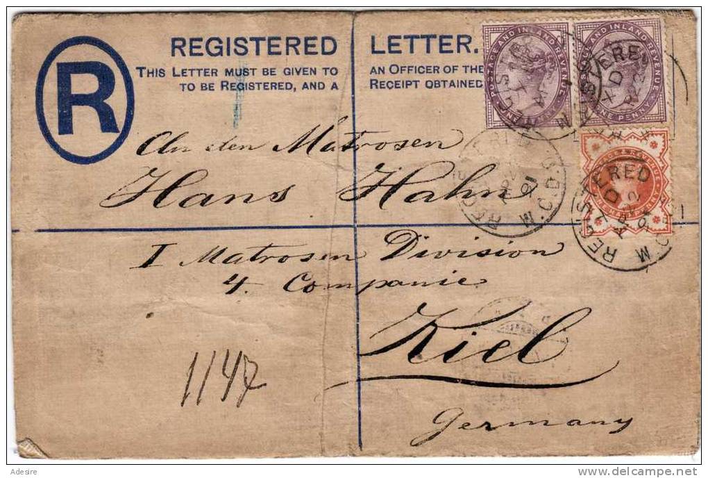 1891 Registered Letter From England To Kiel, 1.Matrosen Division 4. Companie, Kiel - Briefe U. Dokumente