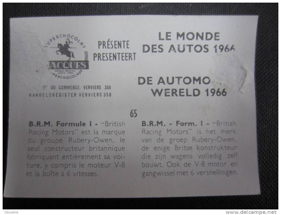 CHROMO (M33) LE MONDE DES AUTOS 1966 (2 Vues) N°65 B.R.M. Formule 1 Chocolat Jacques - Jacques