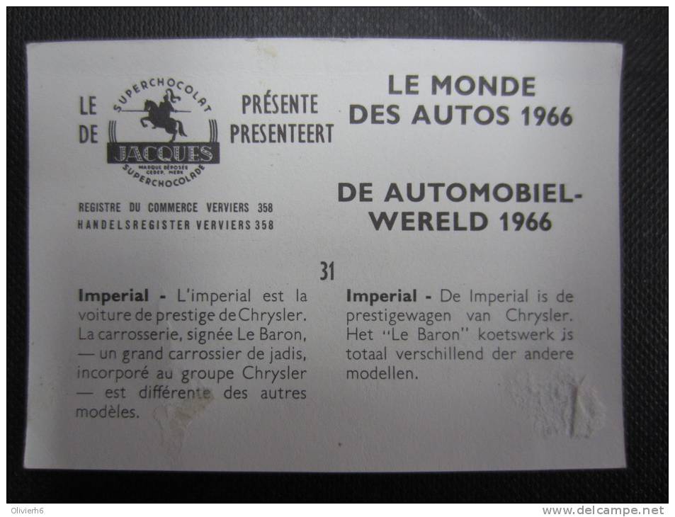 CHROMO (M33) LE MONDE DES AUTOS 1966 (2 Vues) N°31 Impérial Chrysler Chocolat Jacques - Jacques