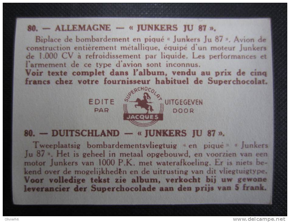 CHROMO (M33) AVIATION - VLIEGSPORT (2 Vues) N°80 Allemagne - "Junkers JU 87" Chocolat Jacques - Jacques