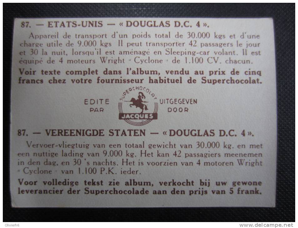 CHROMO (M33) AVIATION - VLIEGSPORT (2 Vues) N°87 Etats-Unis - "Douglas D.C. 4" Chocolat Jacques - Jacques