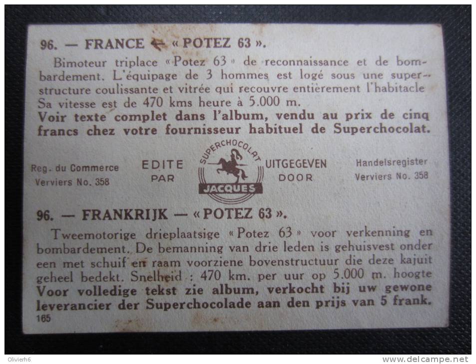 CHROMO (M33) AVIATION - VLIEGSPORT (2 Vues) N°96 France - "Potez 63" Chocolat Jacques - Jacques