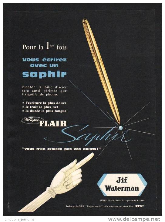 Publicité Papier 1959 Stylo Porte Plume  JIF Saphir  Waterman - Publicités