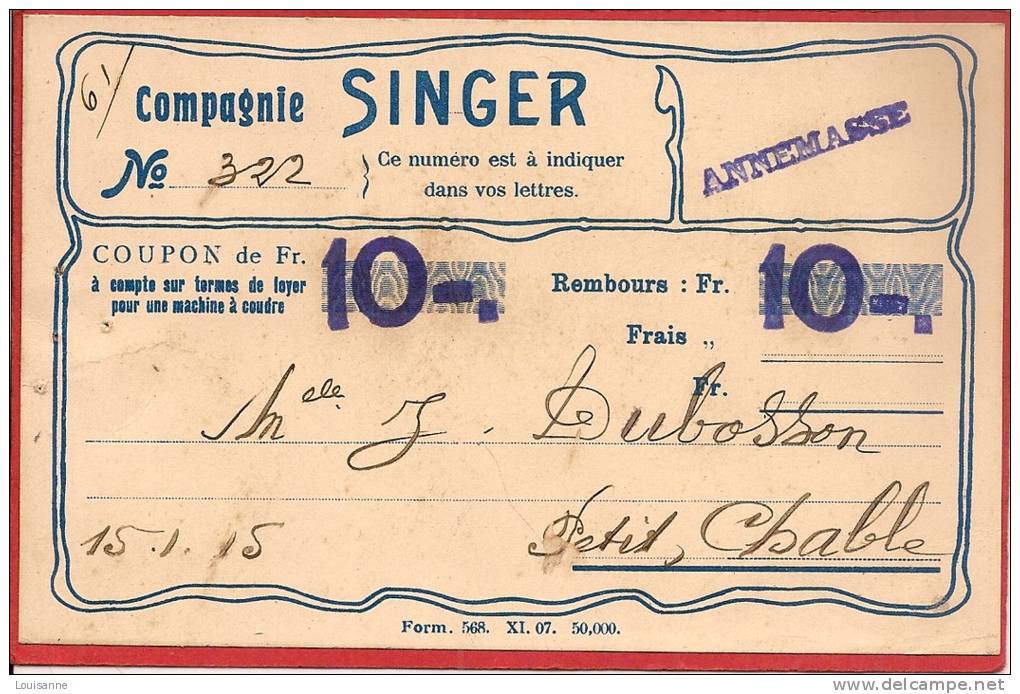 13 / 3 / 92  - COMPAGNIE  SINGER - COUPON - Werbepostkarten