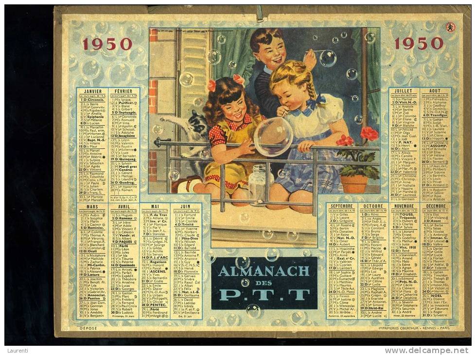 Calendrier 1950 , Jeux Enfants, Bulles De Savon, Enfants Et Chat. - Grand Format : 1941-60