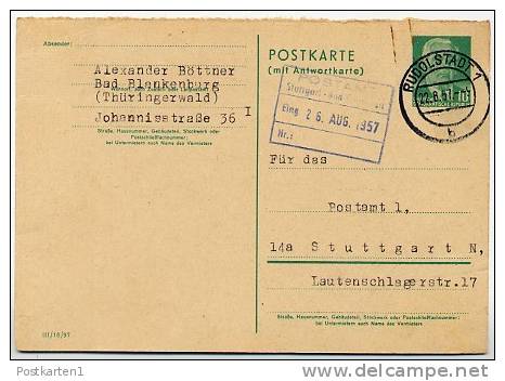 DDR P70 IF  Frage-Postkarte III/18/97 Rudolstadt - Stuttgart 1957 - Postkaarten - Gebruikt