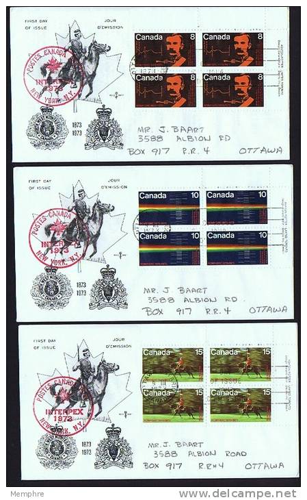 1973  RCMP Centenary  Sc 612-4  UR Plate Blocks Matched RoseCraft Cachets Added INTERPEX NewYork Canada Post Handstamp - 1971-1980