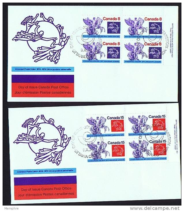 1974  UPU Centenary  Sc 648-9  UR Plate Blocks Matched Official FDCs - 1961-1970