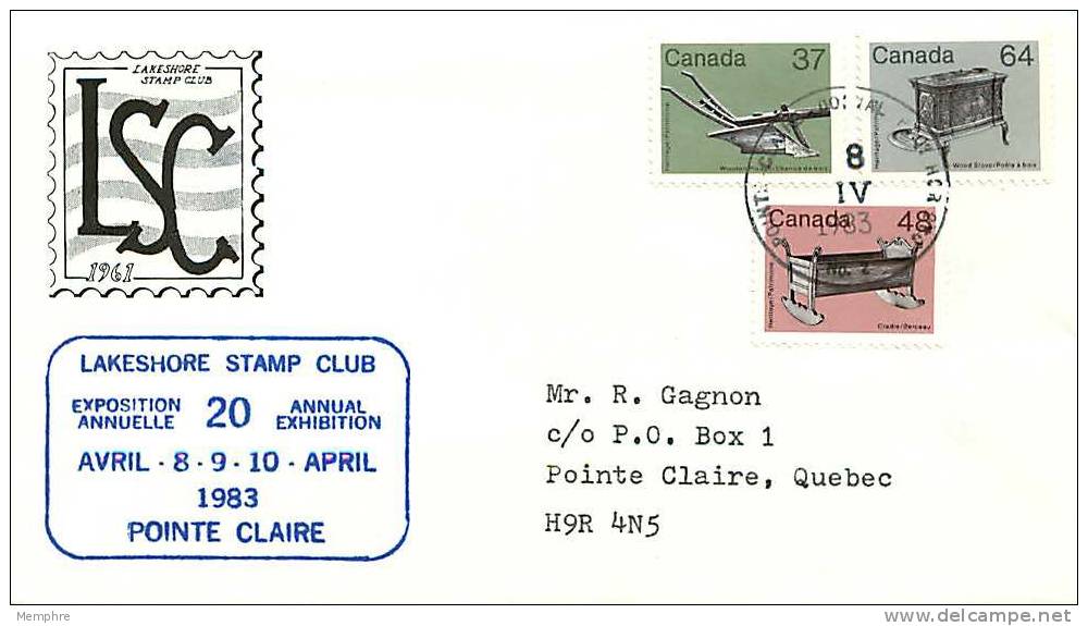 1983  Mid-value Definitives  Artefacts Sc 927, 929, 932 Lakeshore Stamp Club Cachet Pointe-Claire QC Datestamp Cancel - 1981-1990