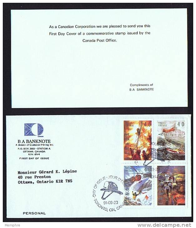 1991  Firemen, Search Rescue, Ski Patrol, Police Sc 1330-3 Block Of 4 Se-tenant British American Banknote Cachet Insert - 1991-2000