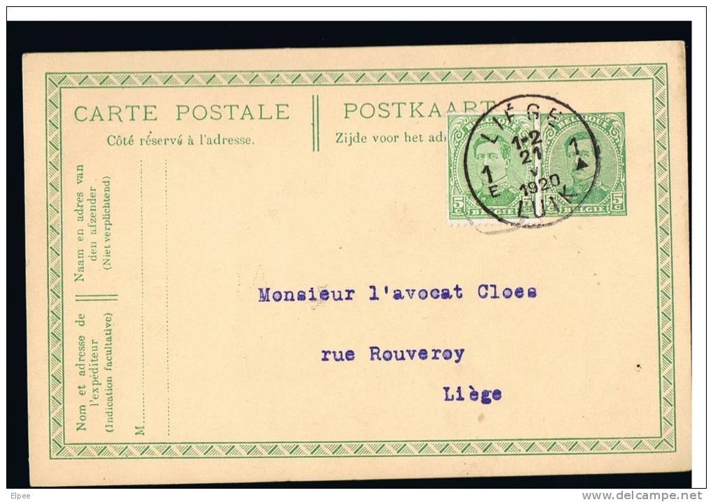 C398 - Carte N° 52C Oblitérée Liège à Destination De Liège (avec TP Compl., Suite à Changement De Tarif Au 15/12/1919) - Postcards 1909-1934