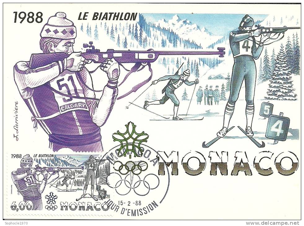 MONACO - CALGARY Canada - Le Biathlon - Timbre Et Tampon Jour D'émission 1988 - Maximum Cards