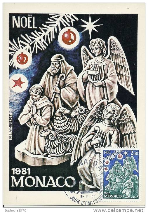 MONACO - NOEL 1982 - Timbre Et Tampon Jour D'émission 1982 - Cartes-Maximum (CM)