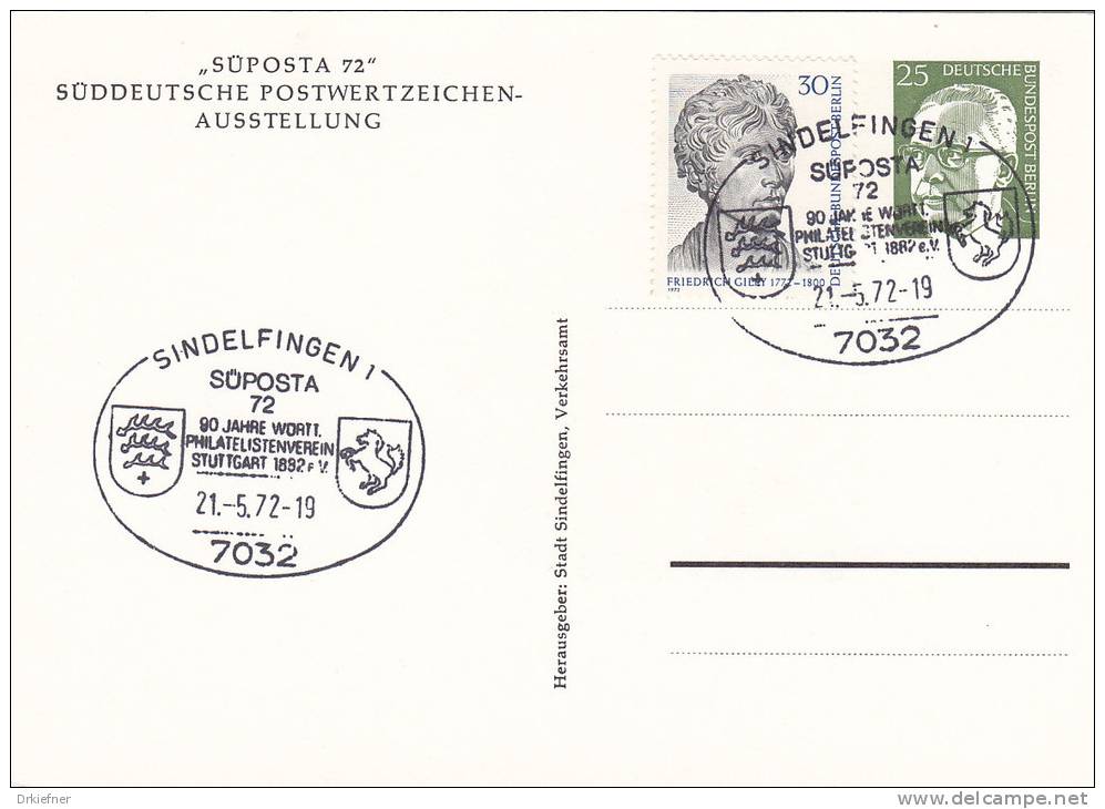 Privatpostkarte BERLIN PP 47 / 2, SÜPOSTA ´72, Stempel: Sindelfingen 90 J. WPhV 21.5.1972, Stadtwappen - Privées & Locales