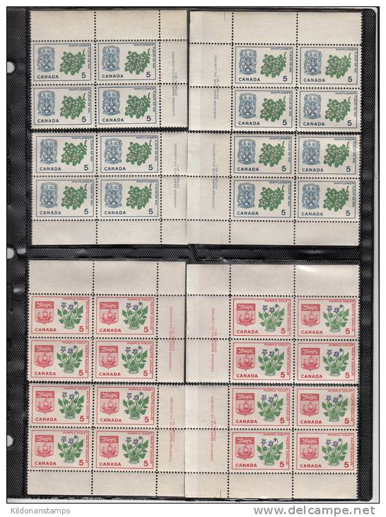 Canada 1964 Flowers And Arms, Full Set, Corner Plate Blocks, Plate #1, Mint No Hinge (see Desc), Sc# 417-429A - Num. Planches & Inscriptions Marge