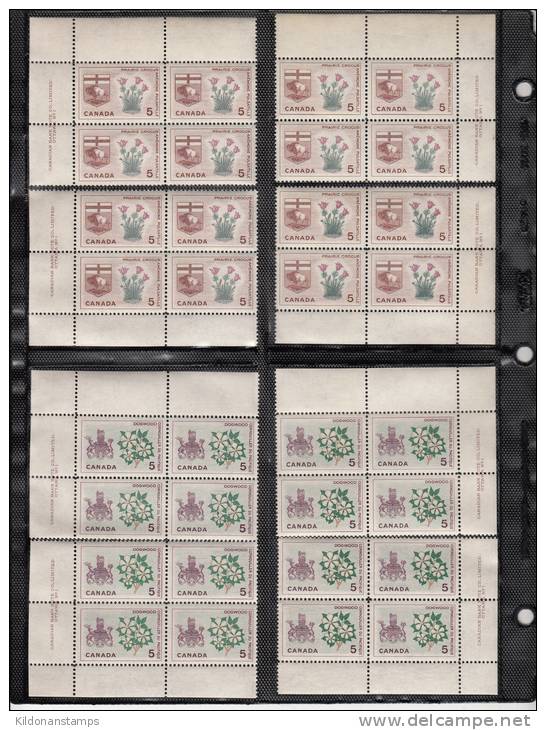 Canada 1964 Flowers And Arms, Full Set, Corner Plate Blocks, Plate #1, Mint No Hinge (see Desc), Sc# 417-429A - Numeri Di Tavola E Bordi Di Foglio