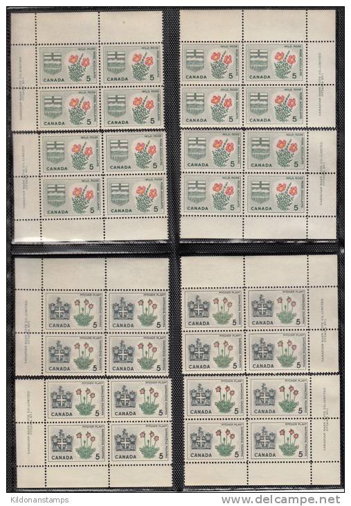 Canada 1964 Flowers and Arms, full set, corner plate blocks, plate #1, mint no hinge (see desc), Sc# 417-429A