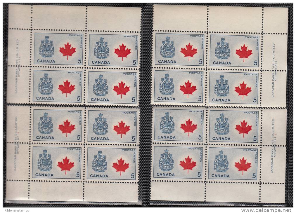 Canada 1964 Flowers and Arms, full set, corner plate blocks, plate #1, mint no hinge (see desc), Sc# 417-429A